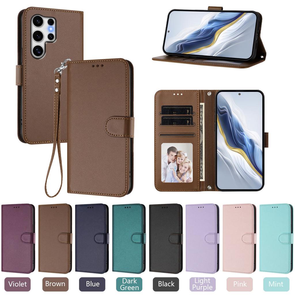 Lanyard Plain Leather Flip Case For Samsung Galaxy S26 Edge S25 Ultra S24 Plus S23 S22 Wristlet Grip Wallet 3 Cards Phone Cover
