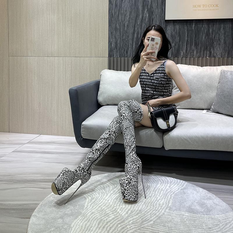 Mode 2025 Neue Overknee-Stiefel mit Leopardenmuster 19cm Stahlabsätze Übergröße Sexy Reißverschluss Hohe Runde Zehenstiefel für Damen High Heels