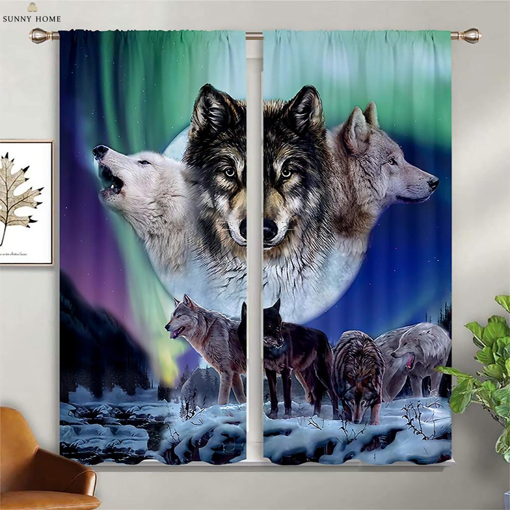 Blackout Heat Insulation Curtains Dream Starry Sky Wolf Print Curtains Children's Room Living Room Outdoor Decorative Curtains