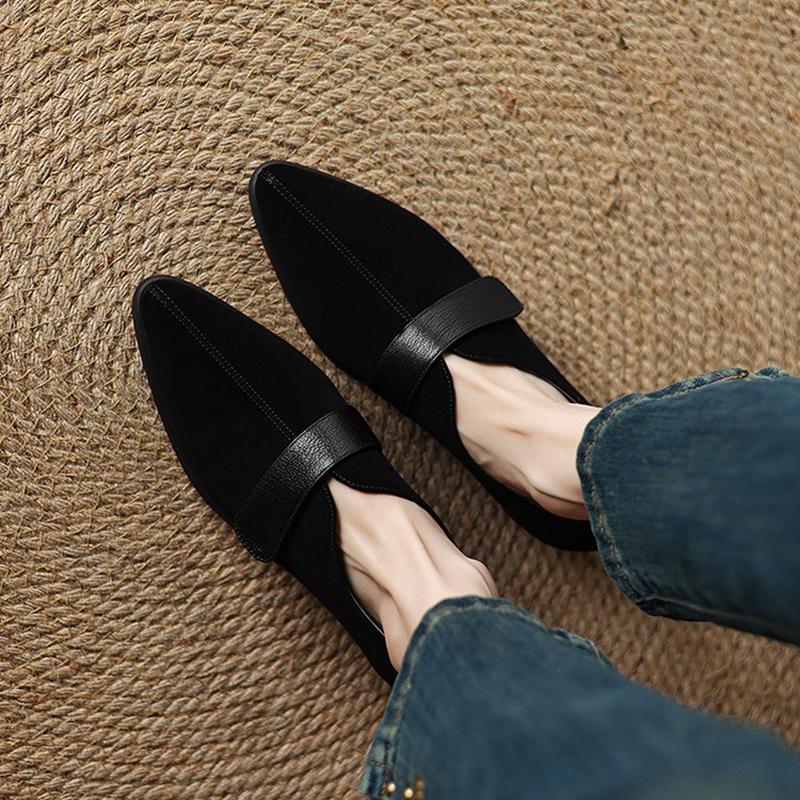 Mode NY Vår/Höst Dam Pumps Spetsig Tå Klumpig Klack Skor Får Mocka Läderskor för Kvinnor Slip-on Dam Loafers Svart Sko