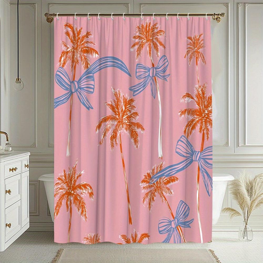 1Pc Tropical Palm Tree Bow Pattern Shower Curtain, Pink Background Floral Plant Print Design, Bathroom Decor, Polyester Fabric