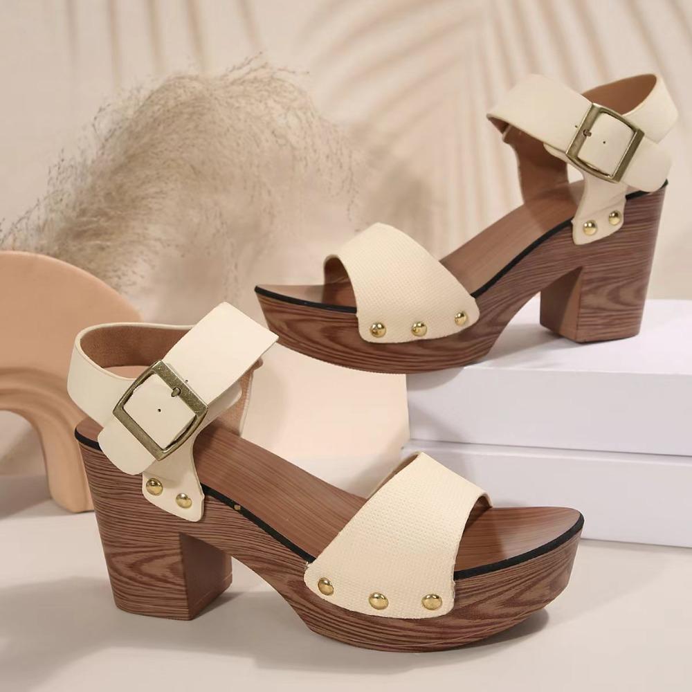 Fashion 2024 Leisure Women's Sandals Rivet PU Wood-like High Heels Comfort Sandals Thick Heel Soft Leather Woman Summer Shoes 8cm