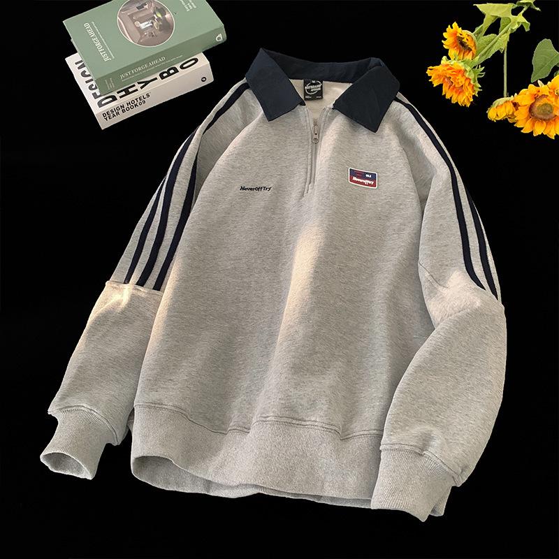 Sweat-shirt polo à demi-zip rayé gris rétro japonais pour homme - Veste à manches longues pour le printemps/l'automne