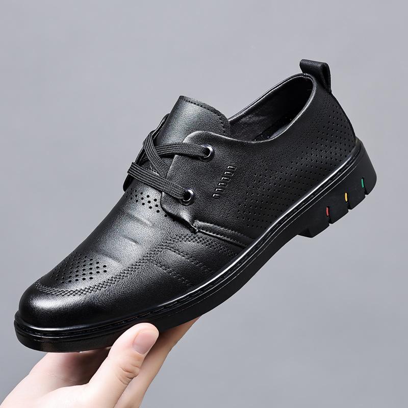 Large Size Summer Versatile Breathable Hollow Casual Men's Shoes Lace-up Low-top Men's Punched Hole Leather Sandals