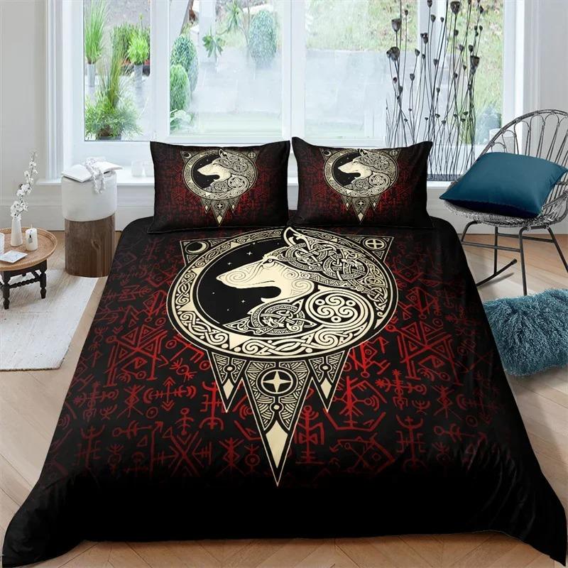 Viking Duvet Cover Scandinavian Folklore Motifs Bedding Collection Microfiber Northern Germanic Culture Vikings Wolf Celtic Quilt Cover