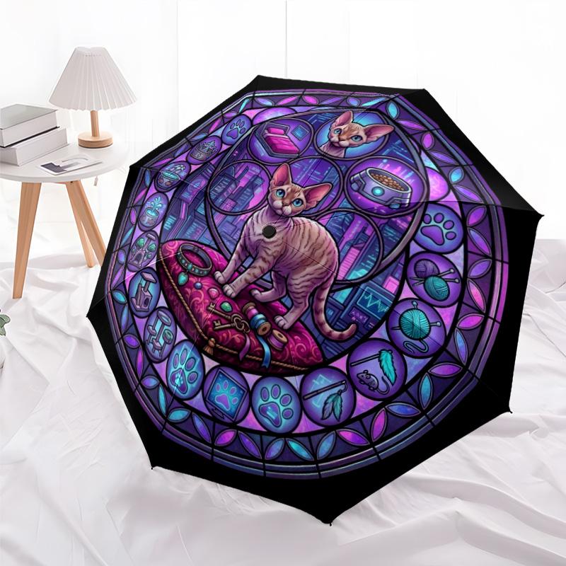 Glass Cat Fantasy pattern umbrella, portable and foldable design, 8 ribs, a casual accessory for Halloween, Christmas, and birthday gifts.