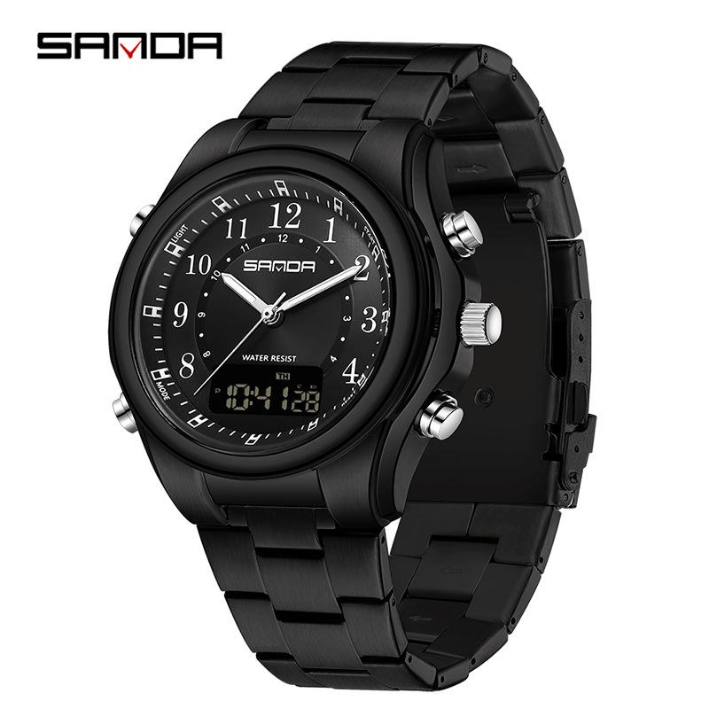 SANDA Men s Multifunctional Luminous Waterproof Steel Band Dual Display Electronic Watch