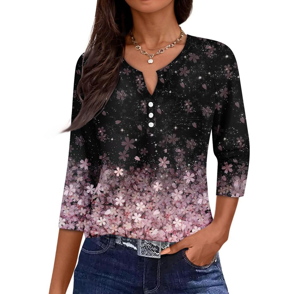 Women's Casual Fashion V-neck Loose Versatile Floral Print Three-quarter Sleeves
