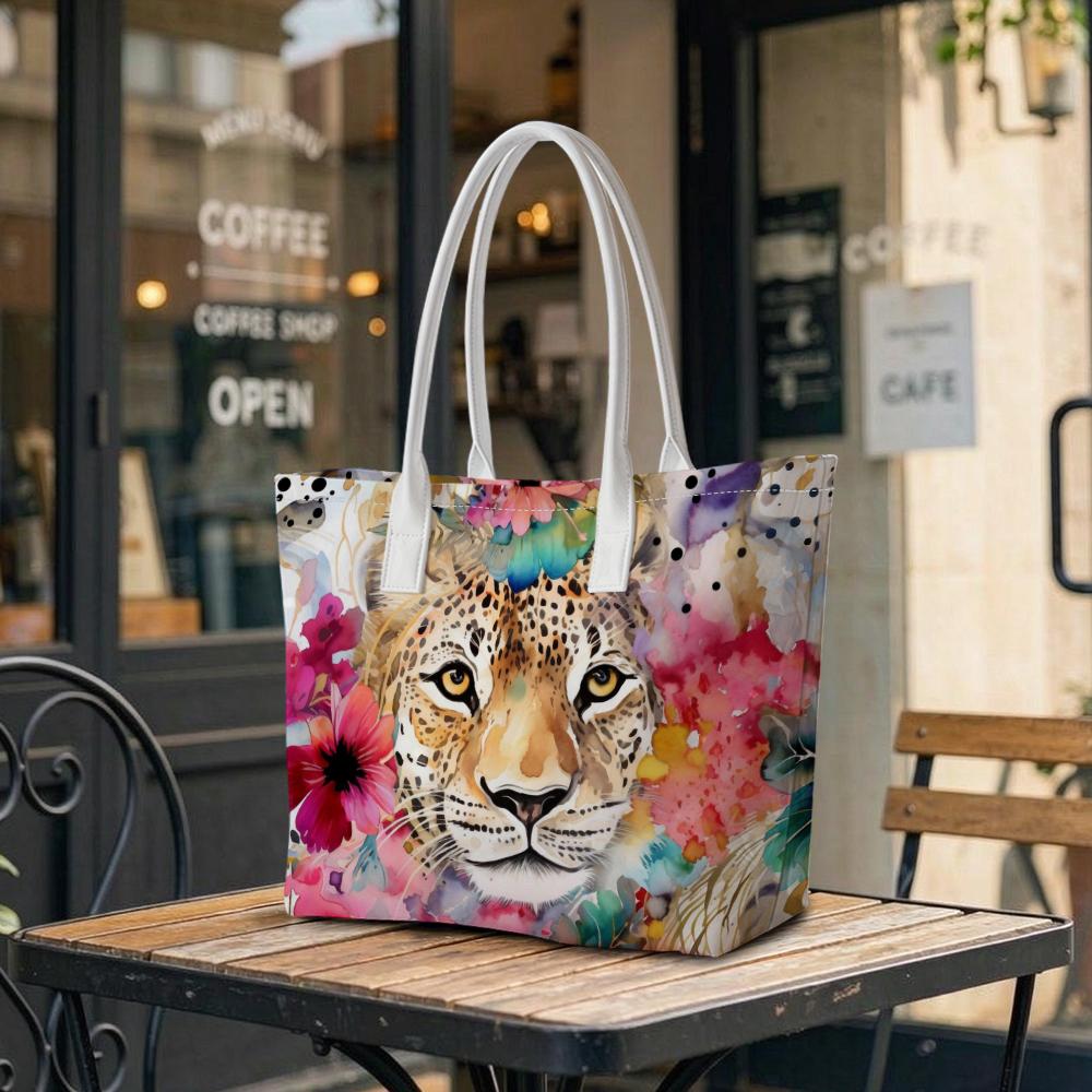 Watercolor Leopard Print Tote Bag Fashion Floral Casual Large Capacity Handbag for Daily Use