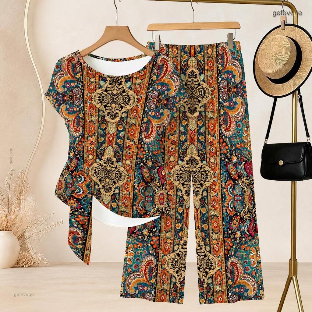 Women Plus Size Multicolor Printed Round Neck Short Sleeve Top And Long Pants Two Piece Set