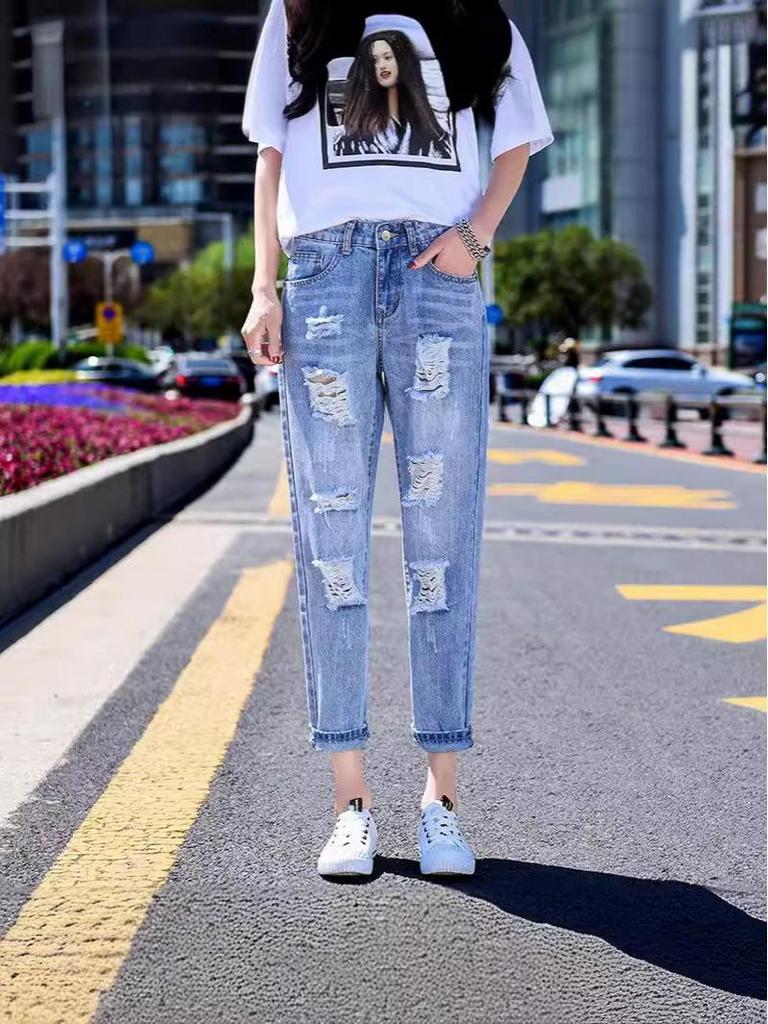 Women's 2024 Blue Ripped High Waist Straight Leg Jeans