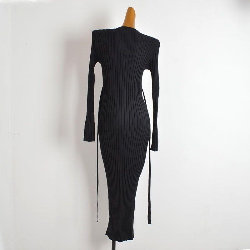 French Style New Arrival Solid Color and V-neck Sunken Stripe Long Sleeves Knitting Dress Women's Clothing Fall/Winter Slim Slim Looking Base Dress