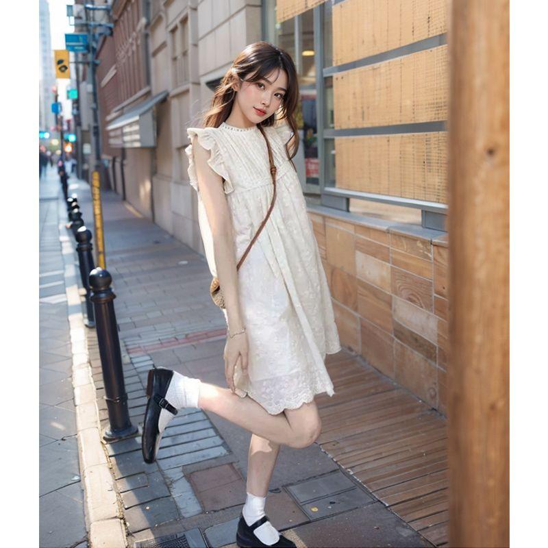 

Moon Woolen Beige Embroider Wooden Ear Sleeve Dress Butter Flavor Short Sleeve Flounced Sleeve Two Vintage Vintage Dress Flying sleeve XL