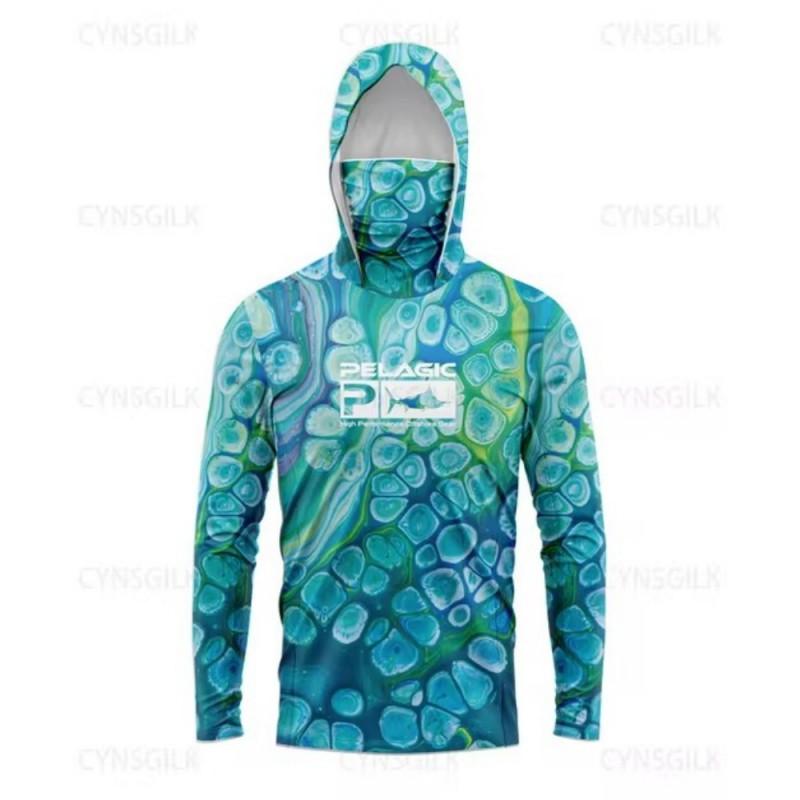 Maglietta da Pesca Oceanica Tuta Solare Manica Lunga Anti-ultravioletti Maschera con Cappuccio UPF 50+