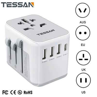 Tessan Universeller Reiseadapter, Reisesteckdosenadapter weltweit mit 3 USB und 1 USB C für UK/EU/AUS/USA