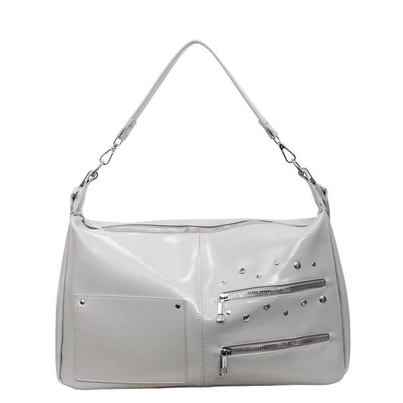 Glossy Faux Leather Shoulder Bag with Multiple Zipper Pockets Women's Fashion Handbag Large Capacity