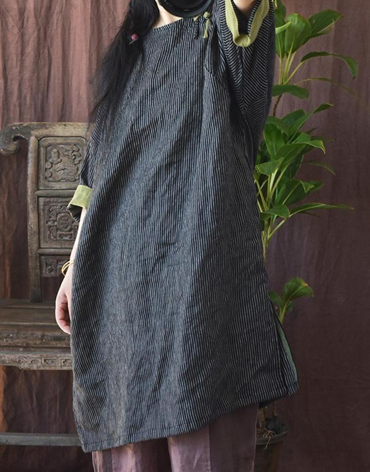 Vintage Linen Striped Blouse Women Summer Chinese Style Half Sleeve Loose Button Shirt Top
