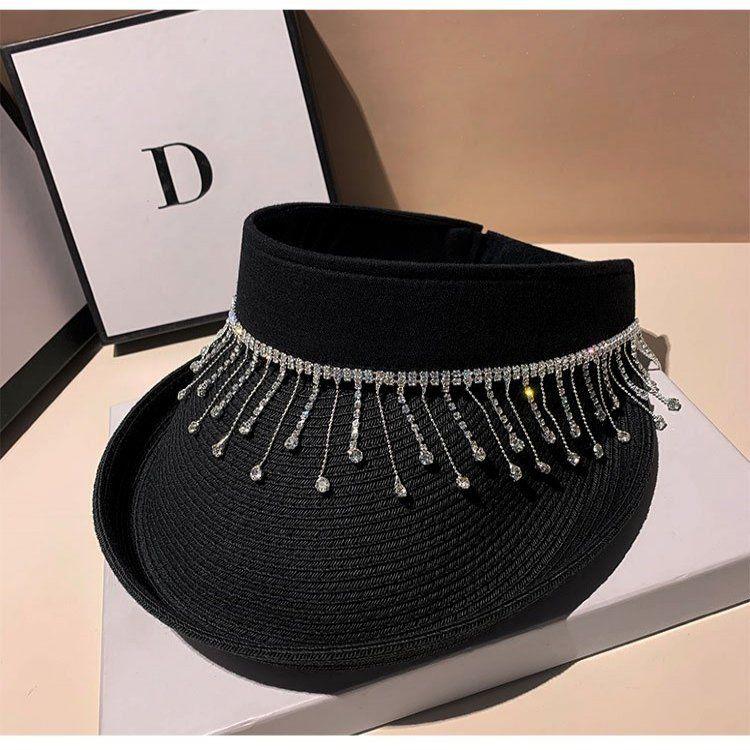 Beach Straw Woven Sunshade Hat Rhinestone Embroidered Sun Hat Fashionable Leisure Vacation Foldable Women's Empty Top Hat