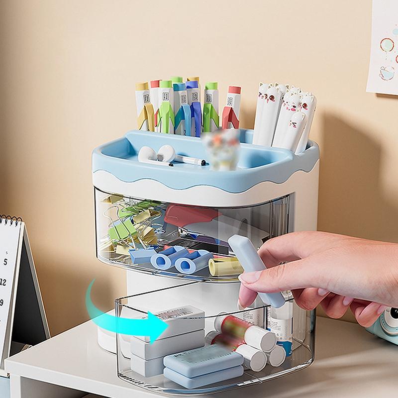 Practical Multi-Functional Desk Organizer Pen Holder Double Layers Rotating Pencils Storage Rack Student Cosmetics Storage Shelf