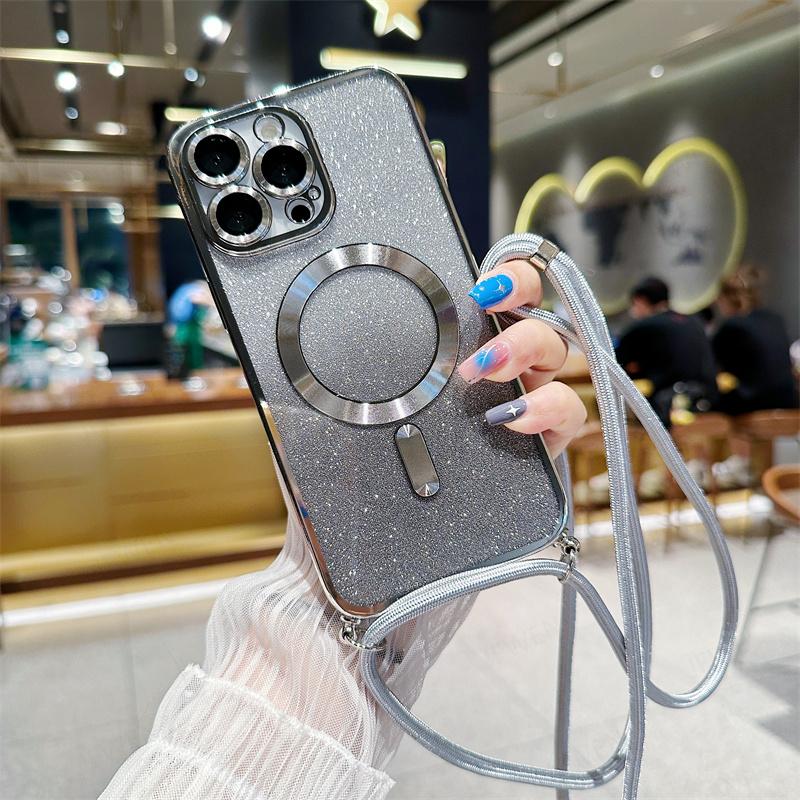 Magnetické pouzdro Crossbody Lanyard Gradient Glitter pro iPhone 14 13 12 11 Pro Max /Samsung S23 S22 Ultra S21 Plus Magsafe Plating Soft TPU zadní kryt