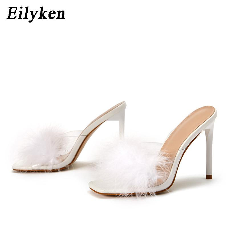 Fashion Eilyken Fashion Feather Thin Heels Fur PVC Slippers Sandals Women Peep Toe Mules Ladies Pumps Slides Shoes Size 35-42