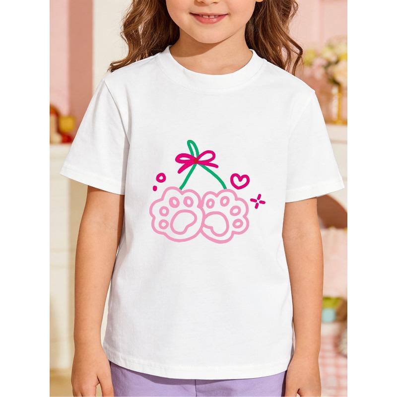 Girls Crewneck Short Sleeve T-Shirt, Pink Paw Cherry Bow Print 110 белый