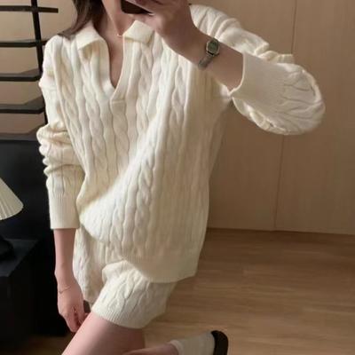 Winter Casual Loose Fit Tracksuit Oversized Pullover Long Sleeve Knitted Sweater Suit High Waist Shorts Two Piece Set Women Clothing