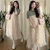 Summer Denim Patchwork Mesh Maternity Dress - Casual Loose-Fitting Sweet Outerwear