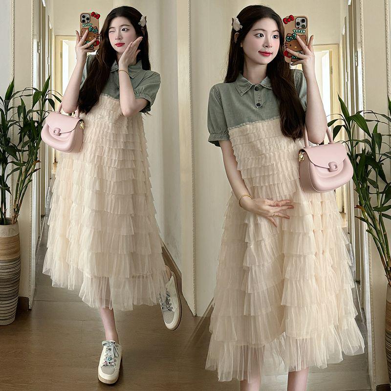 Summer Denim Patchwork Mesh Maternity Dress - Casual Loose-Fitting Sweet Outerwear