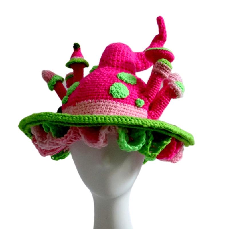 Halloween Knitted Fairy Hat with Mushroom Decor Wizard Hat Men Women Party Headgear Cosplay Hat Festivals Party Props
