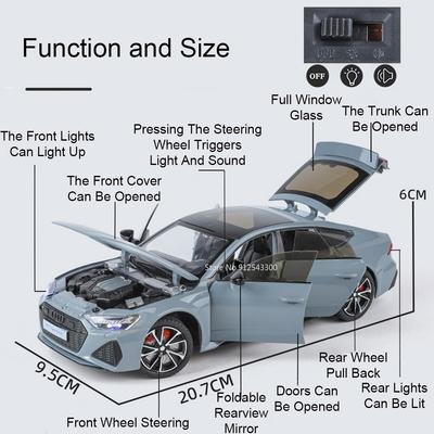 1:24-Zoll-Modellauto RS7 R8 V10, Druckgussmetall, Sound, Licht, Rückziehmechanismus, Sammlerstück, Geburtstagsgeschenk