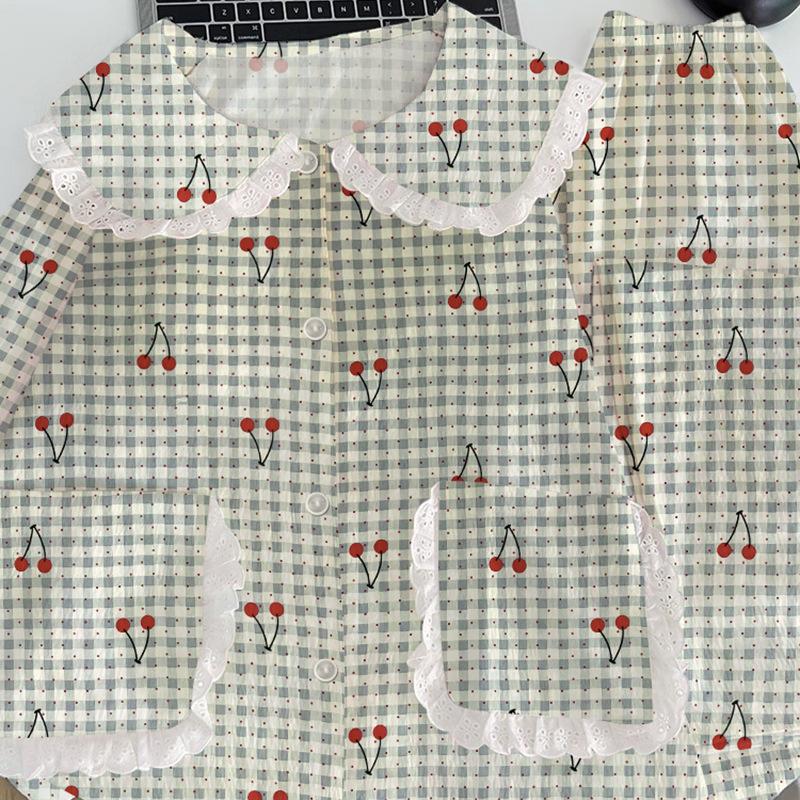 Cloud Cotton Spring Pajamas Women'S Plaid Cherry Loungewear Long Sleeves Trousers Design Lace Set
