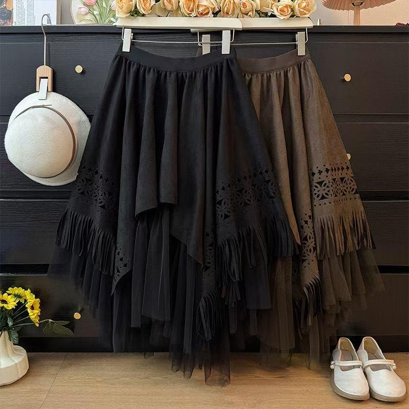 Women's High-Waisted Black Mesh Midi Skirt - A/W Fluffy A-Line Design