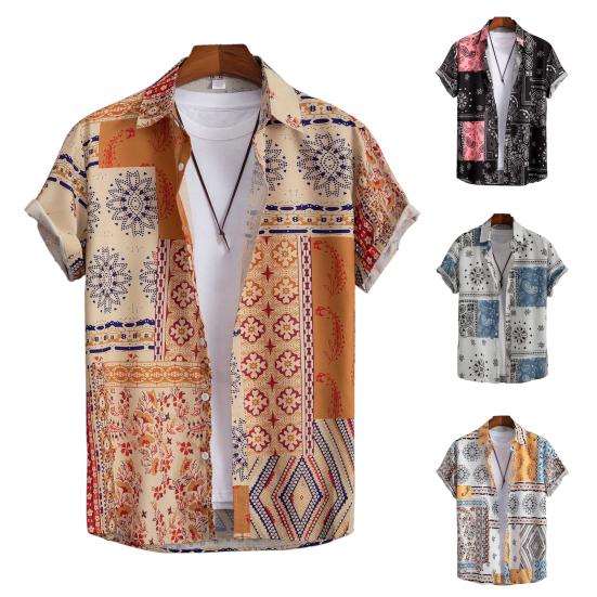 Pánská letní plážová košile Barevný potisk Krátké rukávy Jednořadý kardigan Volný Střední délka Ohrnovací límec Pánské Top