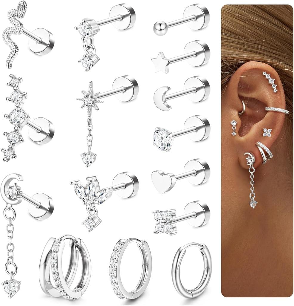 Bobisty Surgical Steel Flat Back Earrings for Women Helix Stud Hoop Earrings Cartilage Earrings Tragus Helix Piercing Jewelry