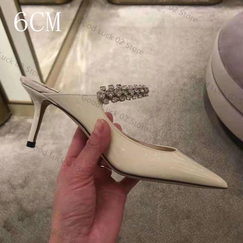 Fashion 2025 Rhinestone Patent Leather Bao Head Half Slippers New European French Wear High Heels Sandals Wedding White Sandals