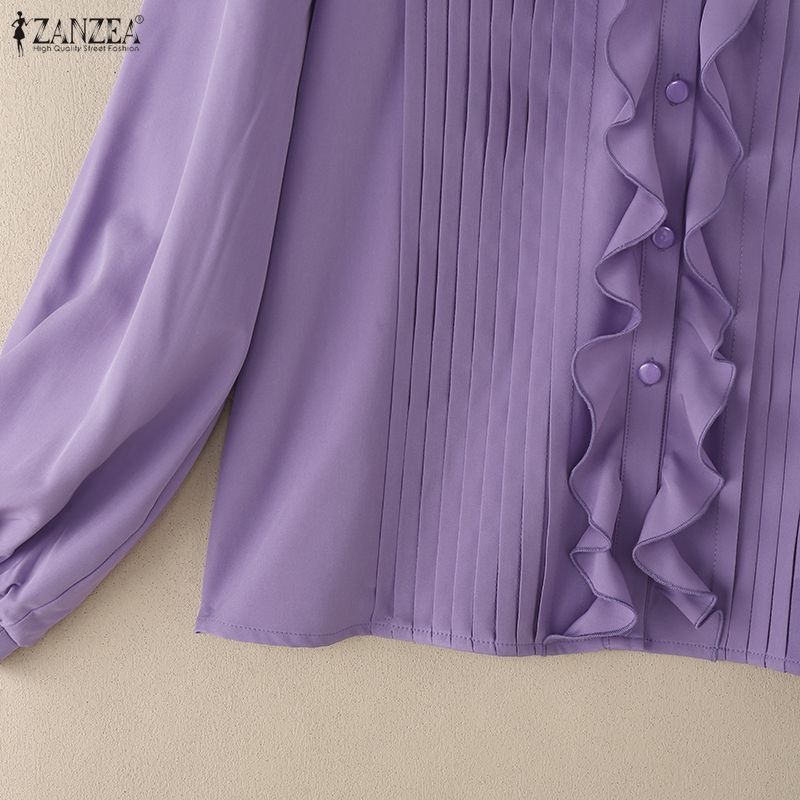 ZANZEA Blouse ample décontractée à manches longues et col en V à volants pour femmes