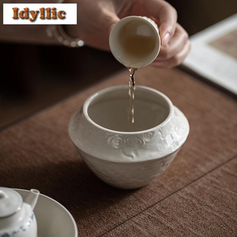 420ml Handmade Relief Plant Ash Jianshui Tea Wash Bowl Tea Dust Cylinder Barrel Household Chaxi Tea Set Supplies Decoration Gift