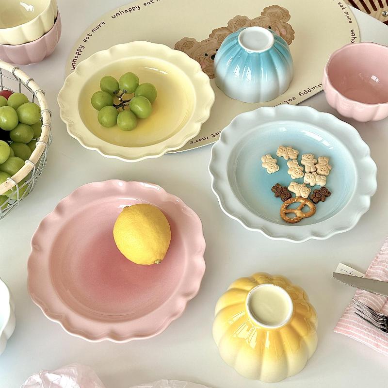 Cute Blush Gradient Korean Tableware Plate Dessert Fruits and Vegetables Plate Yogurt Rice Bowl Underglaze Ceramic Tableware Set