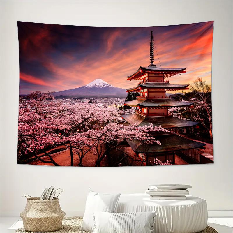 Японская вишня Гора Фудзи Пагода Закат Настенный гобелен Машинная стирка Всесезонный Декор Художественный принт Природный дизайн Дом 74x94cm(29x37in)