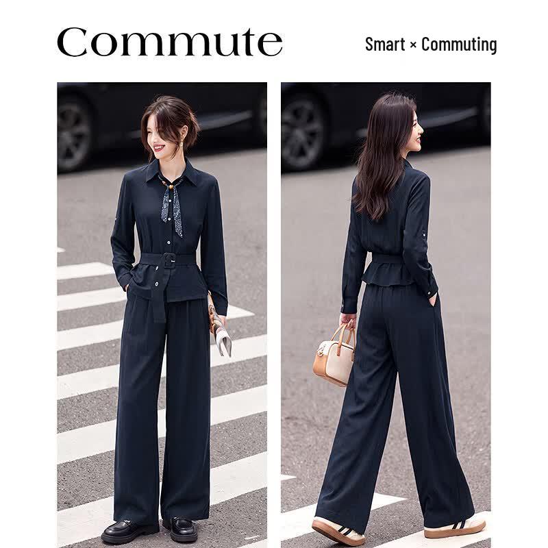 Women's Elegant Navy Long-Sleeve Shirt and Pant Set