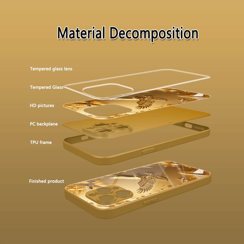 Golden Eagle Pattern Gold Metallic Paint Glass Phone Case For iPhone 17 16 15 14 13 12 11 Pro Max 15 14 Plus 17Air 16E Cover