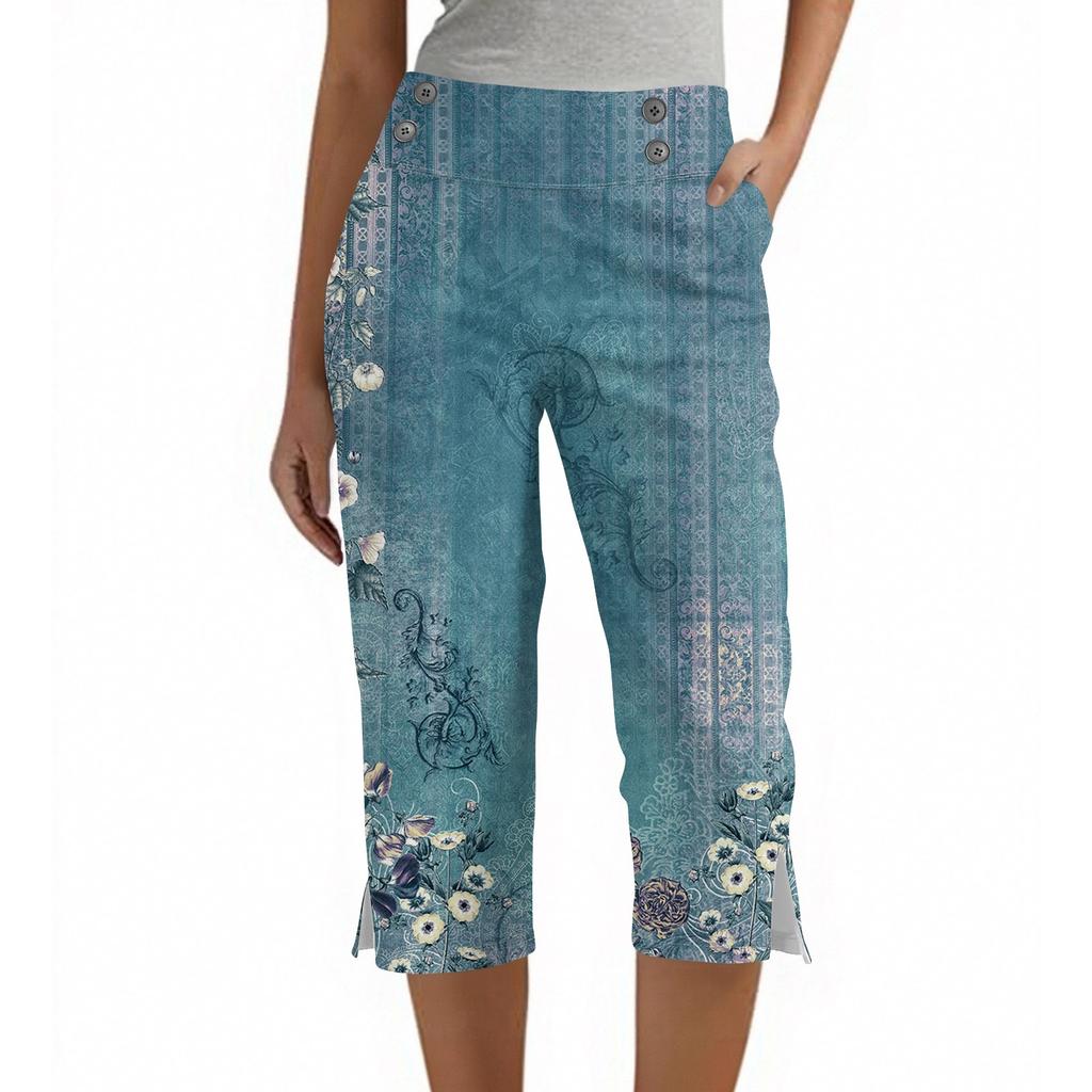 Damen Vintage Blumenmuster Knopf Tasche Hose Schlitz Hohe Taille Sport Yoga Freizeit Hose