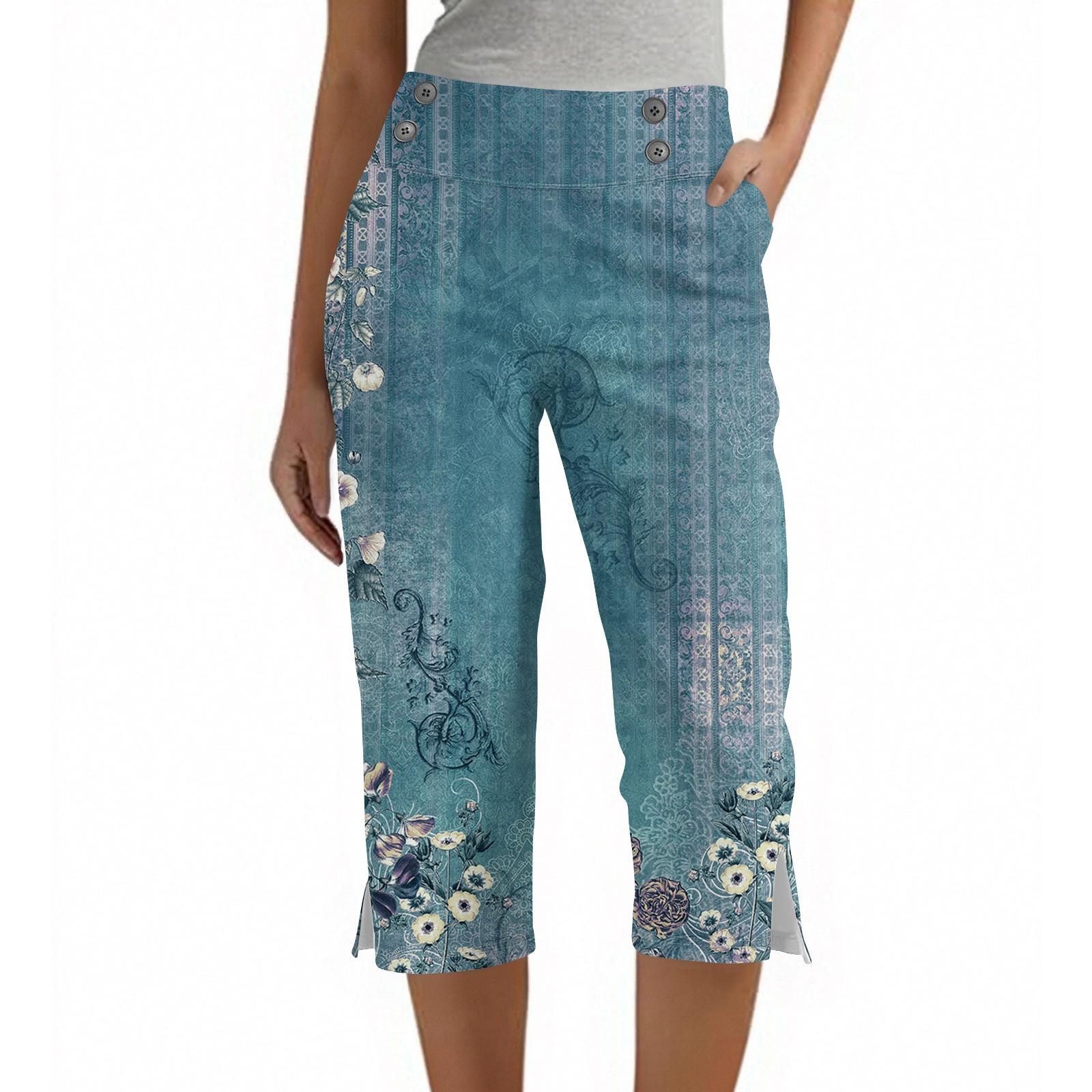 

Women s Vintage Floral Print Button Pocket Trousers Slit High Waist Sports Yoga Casual Pants XL небо синє кольору
