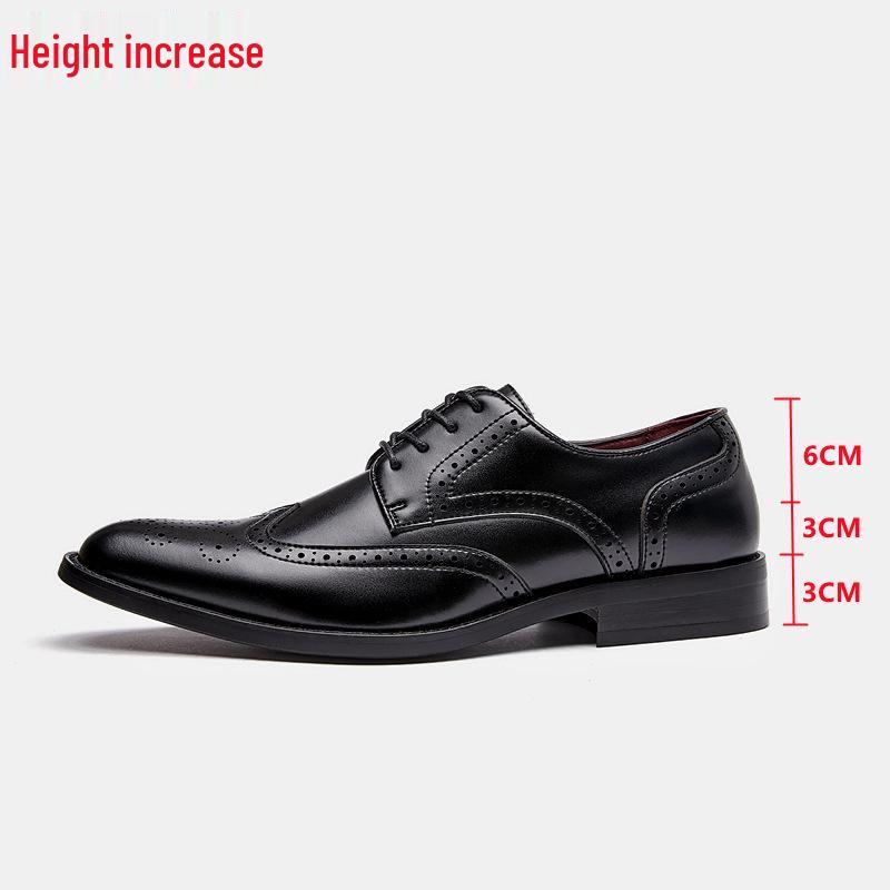 New Men's English Style Hidden Heel Derby Brogue Leather Shoes - Pointed Toe Lace-Up Design for Formal and Casual Wear