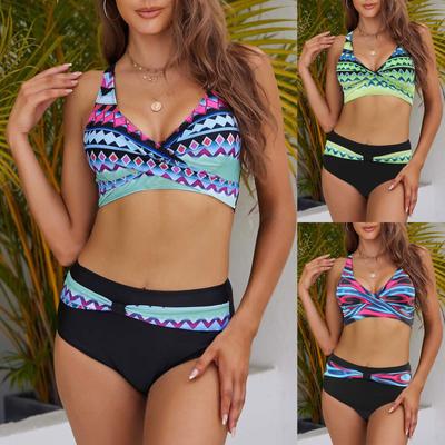 Damen Einfarbig Hochreihiger Träger Bikini Set Zweiteiliger Badeanzug