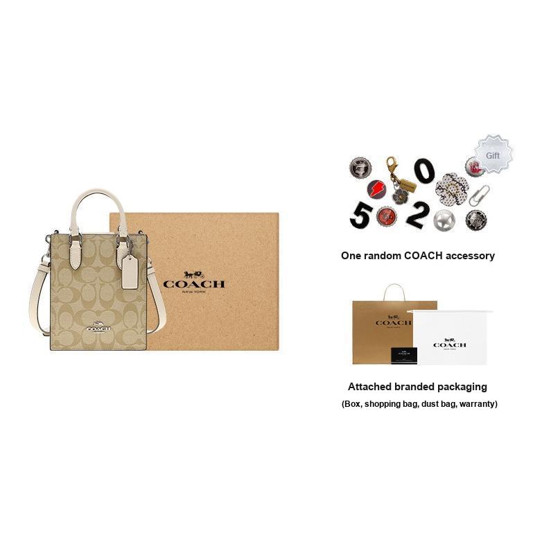 Coach N/S 17 Gold Logo Plaque Classic Jacquard Hardware Coated Canvas And Leather Tote Shopping Crossbody Handbag Mini Women Tote Brown CJ494-SIGHA