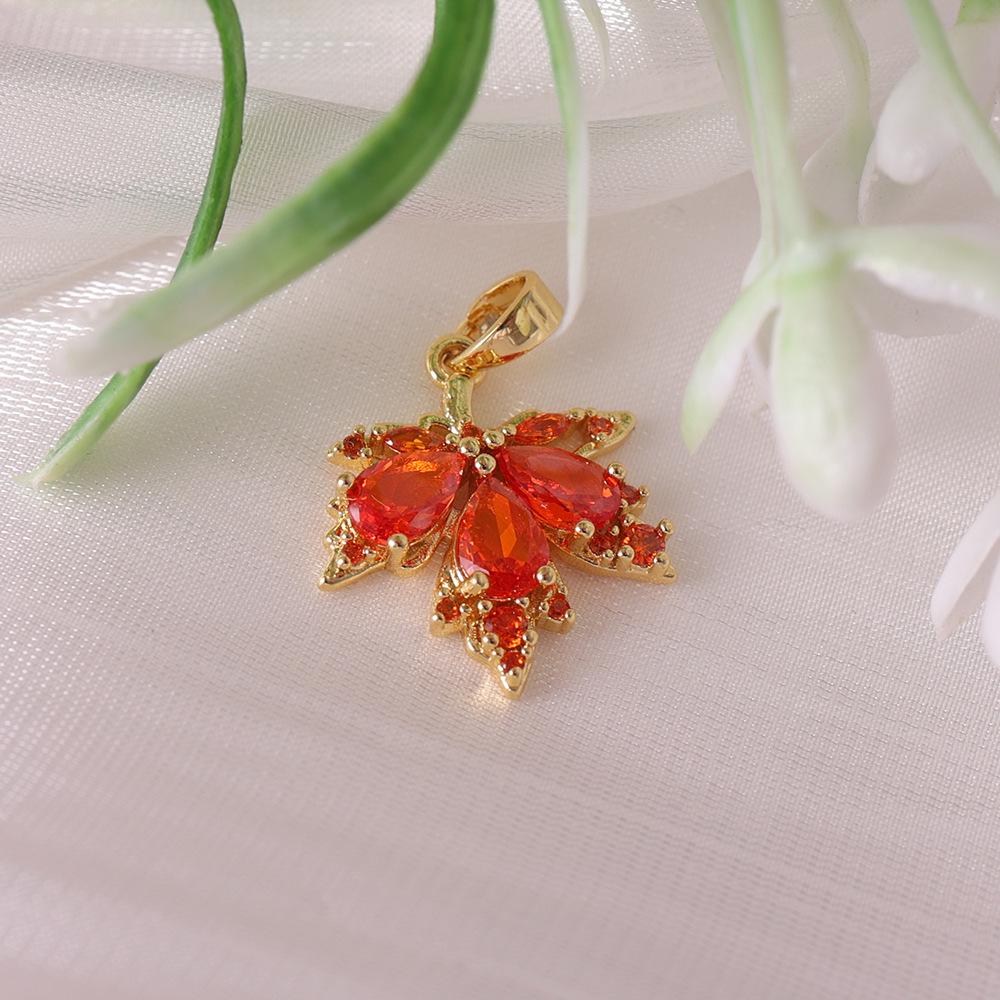 Golden Maple Leaf Pendant with Orange Cubic Zirconia for Fashionable Collarbone Chain