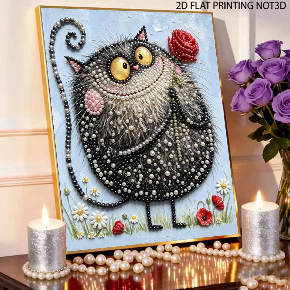 DIY Pearl Painting Canvas Cute Black Cat With Red Rose 3D Bead Art Kit Relaxing Handmade Craft for Room Decoration Gift Hobby Supplies Project