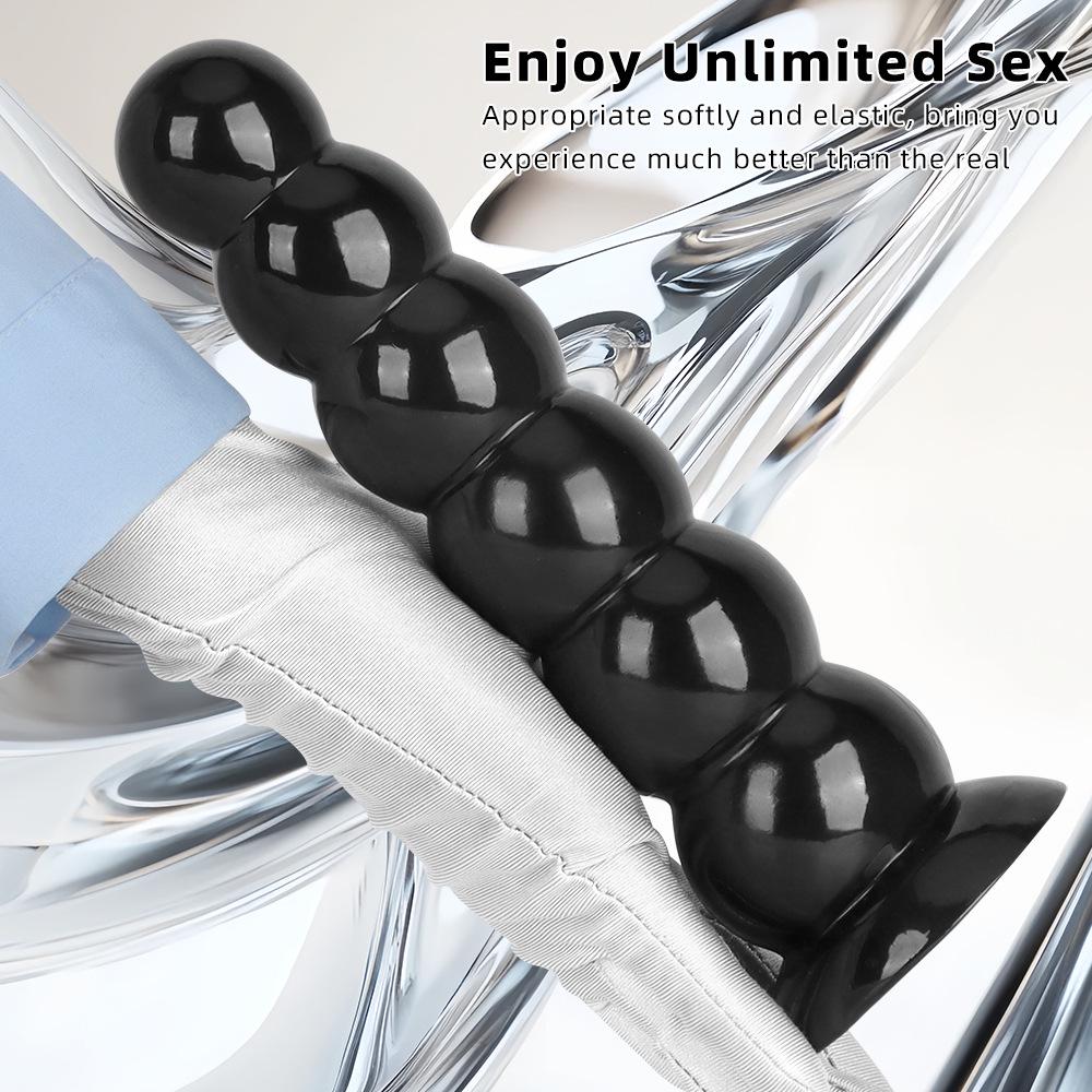 Six Beads Black Tower Suction Cup Anal Plug - Large Soft Pull Bead Dilator for Men and Women